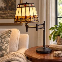 Tiffany-style stained leaded glass swing-arm table reading lamp Jeweled shade Heavy 