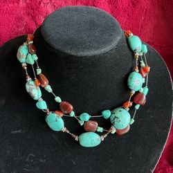 Turquoise and Carnelian Multi-Strand Choker Necklace Adjustable