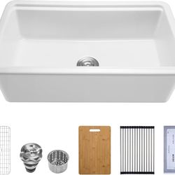 33x19 inch Farmhouse Sink, White Sink Workstation, Fireclay Topmount Undermount Basin, Drop-In Single Bowl Basin with Multiple Accessories, 