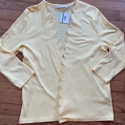 Rafaella Women's Yellow Solid Scallop Edge 3/4 Sleeve Cardigan Womens Large 