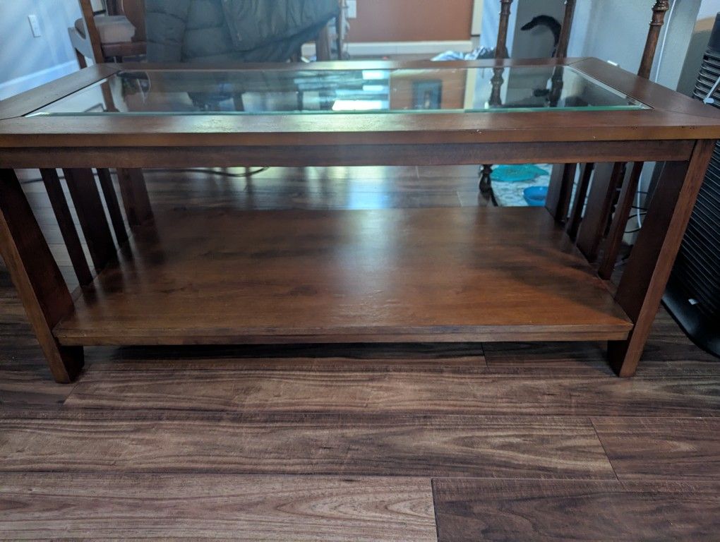 Wood and Glass Coffee Table With 2 End Tables