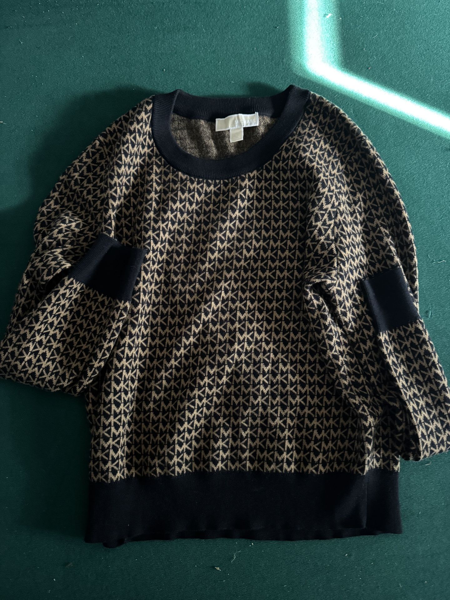 Michael Kors MK Monogram Sweater Women’s Large – Black Tan Logo Pullover Knit Top