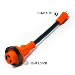 Heavy Duty Trailer RV Power Adapter Cord Extension, RV Twist Lock Pigtail Adapter 15 Amp Male 5-15P to 30 Amp Female 12" 10AWG Power Cord For RV Moter