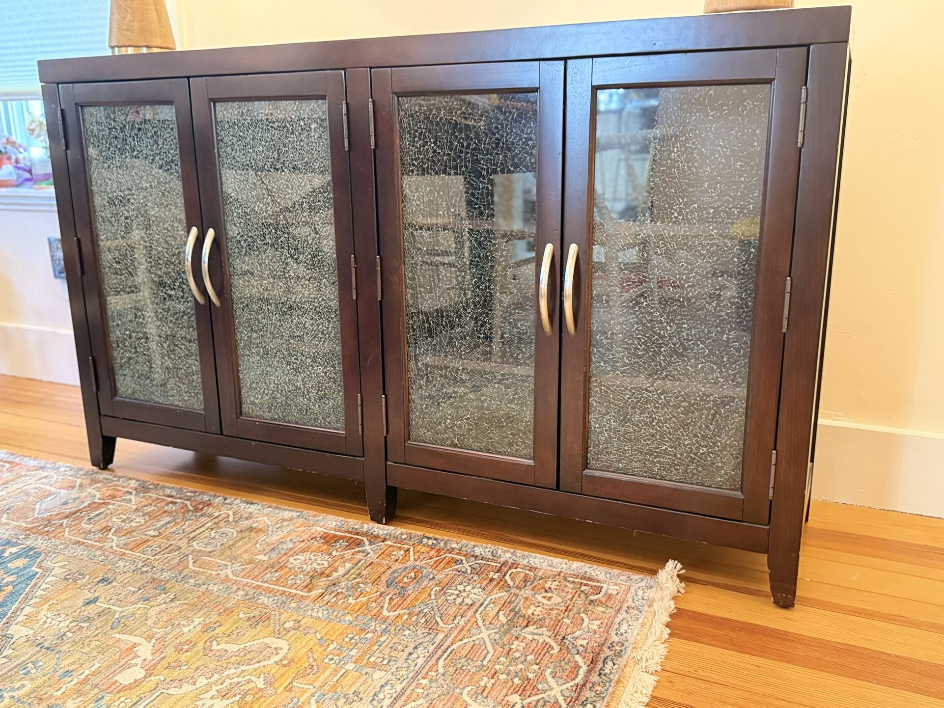 Dark Wood Cabinet with Textured Glass Doors – Excellent Condition