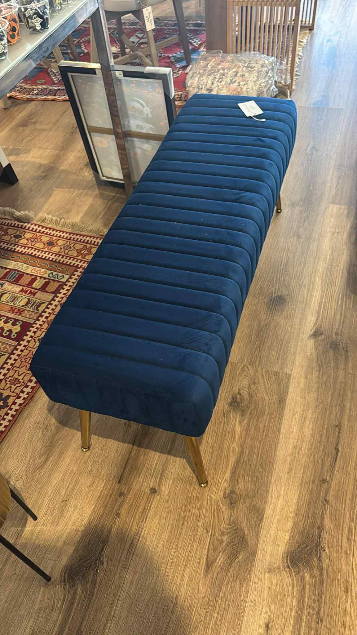 Blue Velvet Ottoman Bench Gold