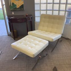 White Leather Barcelona Style Chair & Ottoman
