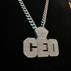 💼 Custom “CEO” Pendant + 24” Chain 💼 14K White Gold over 925 Sterling Silver 