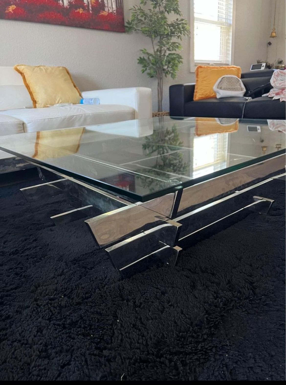 Modern Glass Center Table With Polished Silver Base