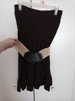 Womans brown strapless sundress with belt