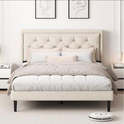 Queen Size Platform Bed Frame with Upholstered Headboard, Mattress Foundation with Wooden Slat Support, No Box Spring Needed, Easy Assembly, Noise Fre