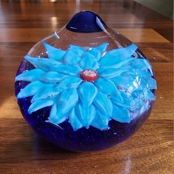 Contemporary Glass Paperweight - 4" Wide - Blue Flower