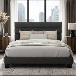 Full Size Platform Bed Frame with Fabric Upholstered , Dark Grey W-25