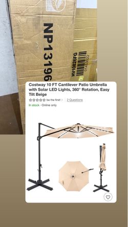 10 FT Cantilever Patio Umbrella with Solar LED Lights, 360° Rotation, Easy Tilt Beige *NEW in box*