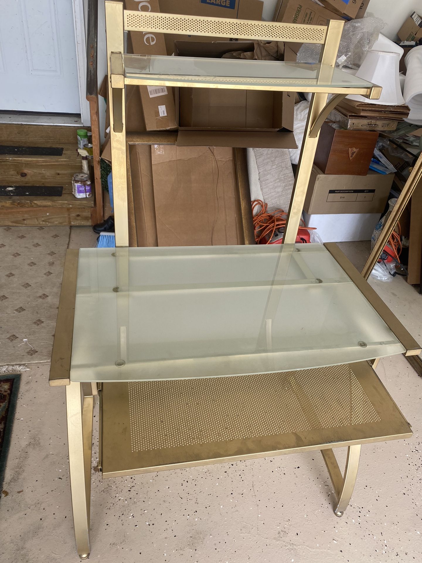 Brass And Glass Desk. Pull Out Tray