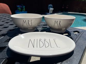 Rae Dunn 3-Pc Ceramic Set - MR. & MRS. Footed Bowls + NIBBLE Dish