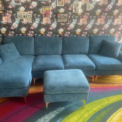 Teal Blue sectional with ottoman 