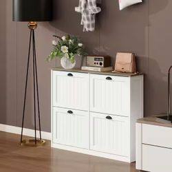 32 in. H x 40 in. W White wood Slim Shoe Storage Cabinet with 4 Flip Drawers, Adjustable Shelf