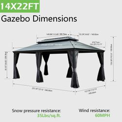 14'x22' Hardtop Gazebo with Resin Roof, Outdoor Metal Gazebo with Drainage Gutters, Permanent Heavy Duty Pavilion for Patio, Backyard and Deck, Curtai