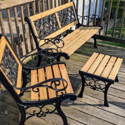 Vintage Three-piece Cast Iron And Wood Bench And Seat With Side Table