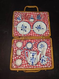Rare Wicker Doll Picnic Basket with Blue Delft style Ceramic Tea Set