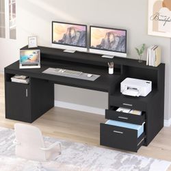 65” Black Computer Desk w/ File Drawer, Storage & Printer Shelf
