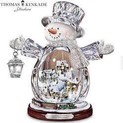 BEAUTIFUL THOMAS KINCADE CRYSTAL LIGHT UP SNOWMAN WITH MOVING TRAIN BY THE BRADFORD EXCHANGE