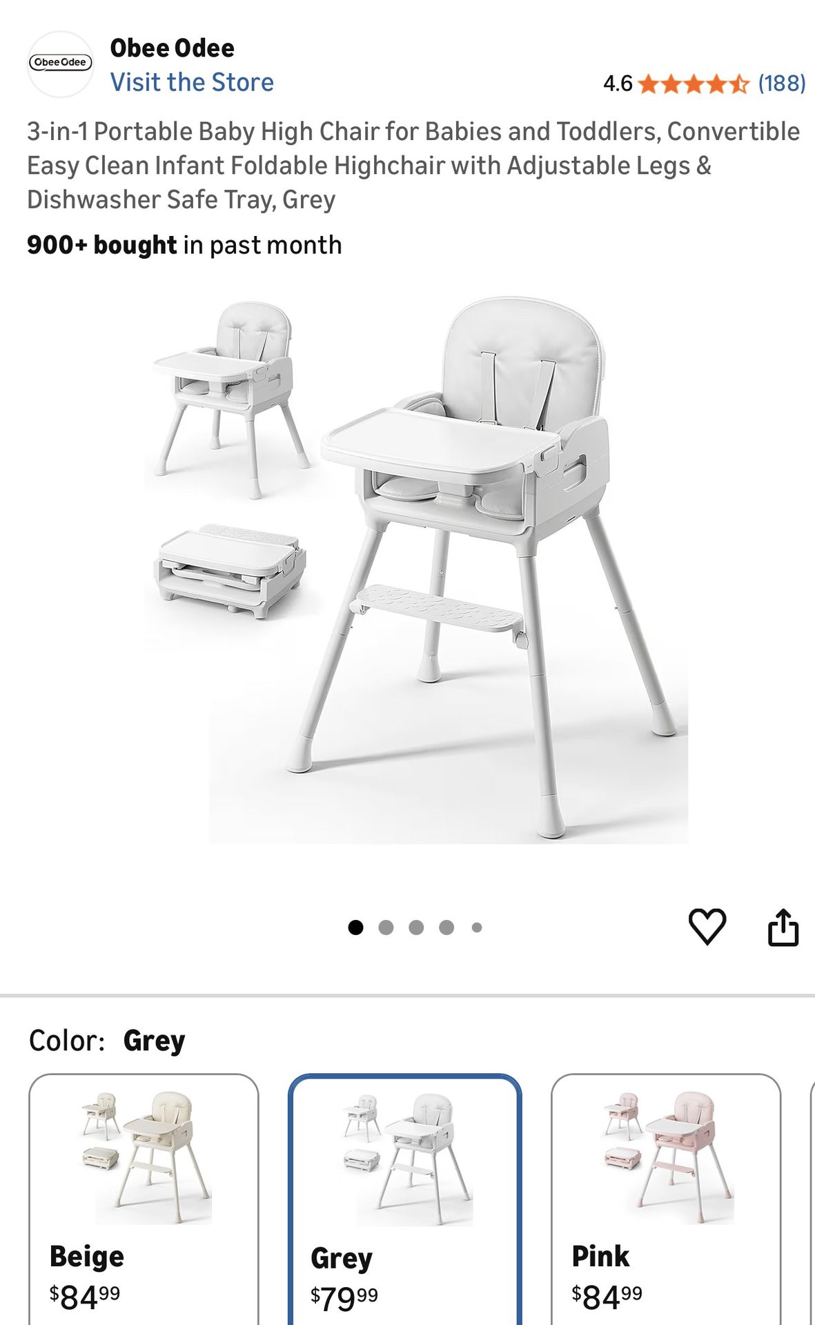 3-in-1 Portable Baby High Chair for Babies and Toddlers, Convertible Easy Clean Infant Foldable Highchair with Adjustable Legs & Dishwasher Safe Tray,