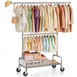 Large Heavy Duty Stainless Steel Clothing Garment Rack with Lockable Wheels Size L43", W18", H78" New Condition 