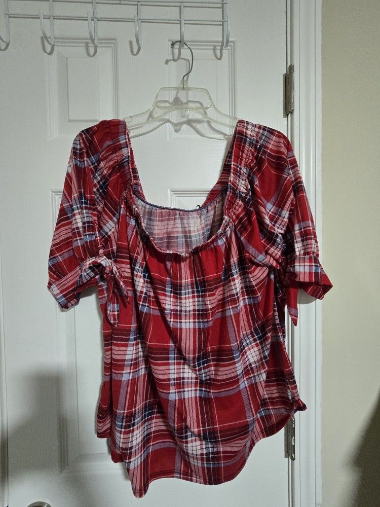 Red Plaid Blouse - Off-Shoulder & Puff Sleeves!