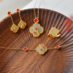 18k Gold Plated White Jade Clover Pendant Necklace + Earrings + Bracelet Set