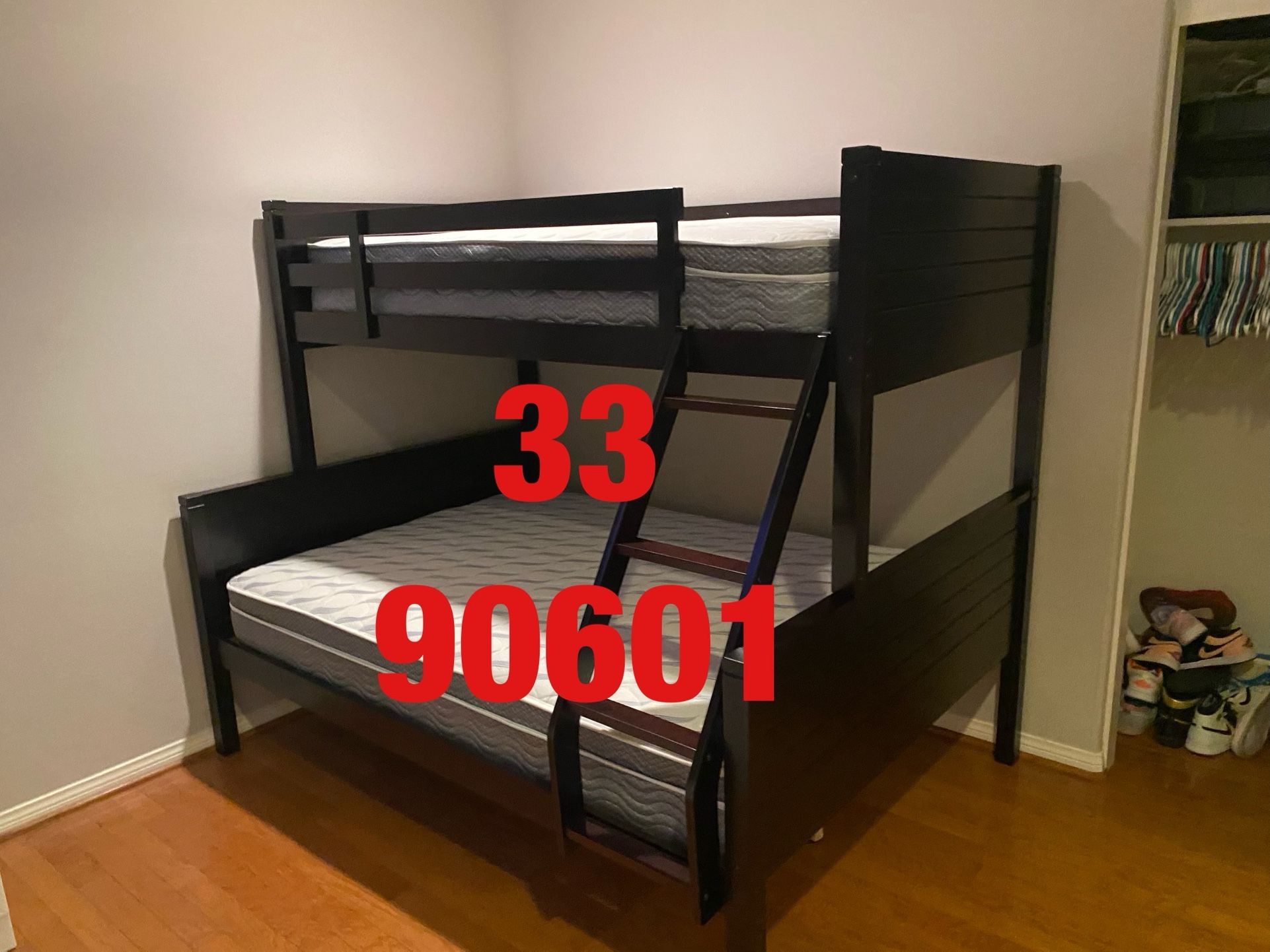 Twin/full bunk bed. $350 bunk only. $550 with mattresses. Assembly required. Assembly not included. Tax included. Free local delivery.