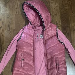 DKNY 2-Piece Girls Set (Size 6) – Puffer Vest with Hood + Long Sleeve Shirt – Pink