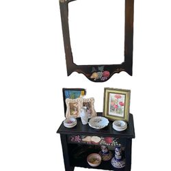 Vintage painted fruit Italian cottage rustic style small table with mirror set