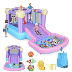 Whubefy Inflatable Pink Bounce House for Kids 2-8 with Ball Pit, 161x82x63 All-in-ONE Jump and Slide Water Park w/50 Ocean Balls, 6 Dart Target Balls,