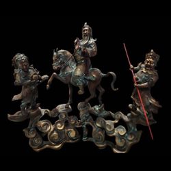 Large Vintage Asian Cast Metal & Rhinestone Warrior Group Sculpture
