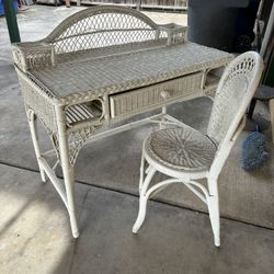 Antique White Wicker Desk And Matching Chair