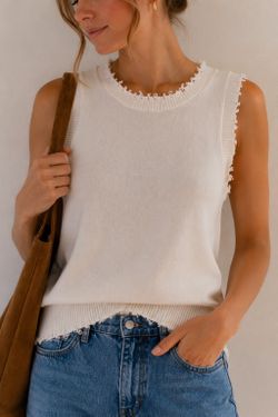 Six/Fifty White Sleeveless Knit Top Women’s Medium Frayed Trim 100% Cotton