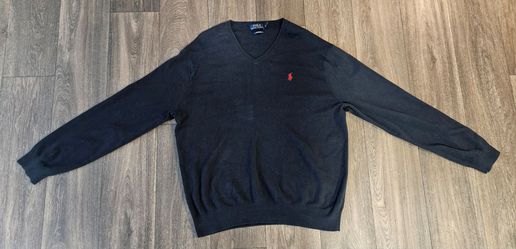 Polo Ralph Lauren Mens V Neck Sweater XL Black Pima Cotton Red Pony Logo $25