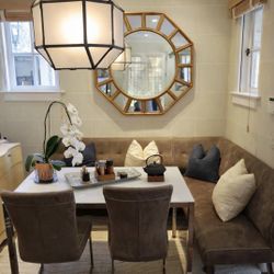 Suede Breakfast Nook, Bench, White Glass Tabletop, 2 Chairs