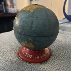 vintage tin lithograph world globe coin bank