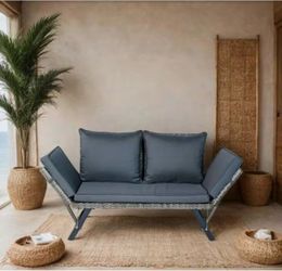 2-Person Wicker Outdoor Bench Patio Loveseat with Gray Cushions, Porch Extendable Foldable Bench Sofa Lounge Chairs  Brand new in box - Assembly is re