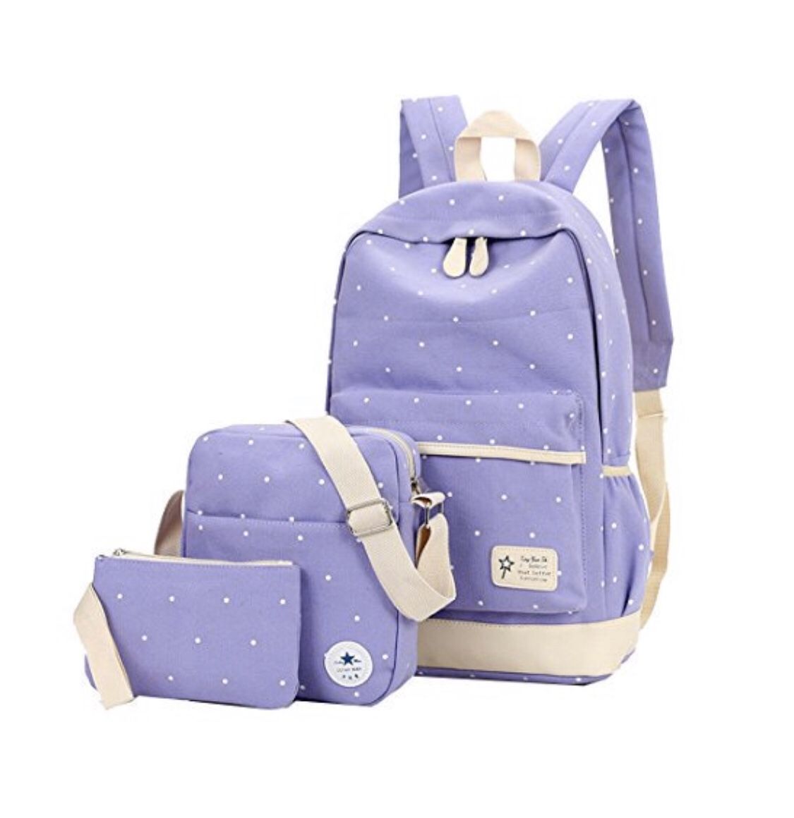 Set of 3 Backpack, Teens School Backpack Set Canvas Girls Backpacks, Cute Polka Dot Bookbags (Dot, Purple)