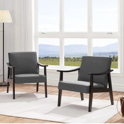 Leisure Chair with Solid Armrest and Feet, Modern Mid-Century Accent Chair, Linen Fabric Side Sofa for Living Room Bedroom, 2pcs, Dark Gray
