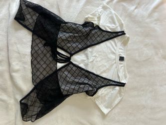 Black & White Mesh Tie-Front Layered Top Size L