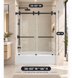 VRD- A-6066-MB，Frameless Shower Doors 56- 60" Width × 66" Height with 5/16"(8mm) Clear Tempered Glass in Matte Black Finish, Double Sliding with Side