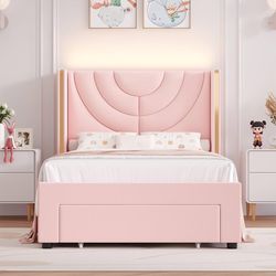 Twin Size Upholstered LED Bed Frame with Storage Drawer, Velvet Kids Bed with Wingback Headboard, Princess Twin Platform Bed for Girls/Kids, Solid Woo