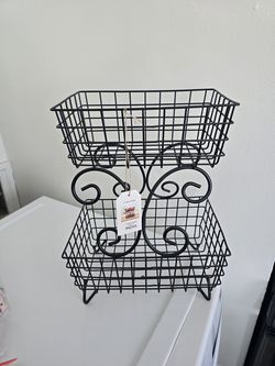 New French Country Black Tabletop 2 Tier Metal  Fruit Basket  16" H x 11 1/2" W x 8 " D