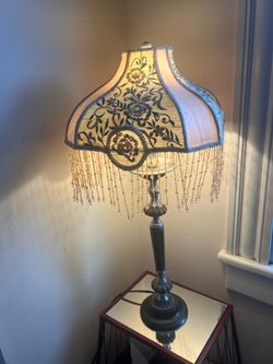 Vintage Boutique Beaded Table Lamp – Embroidered Shade – Works Great