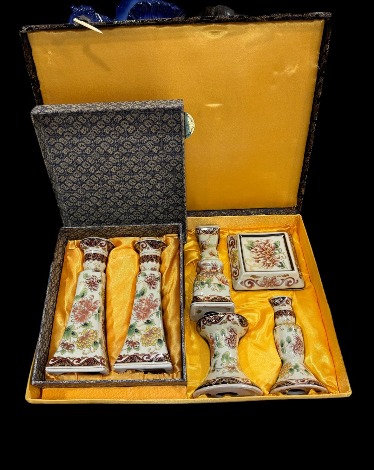 Yi Lin Arts and Treasures of China. The Chrysanthemums candle holders with box.