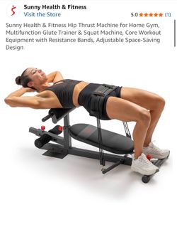Sunny Health & Fitness Hip Thrust Machine for Home Gym, Multifunction Glute Trainer & Squat Machine, Core Workout Equipment with Resistance Bands, Adj